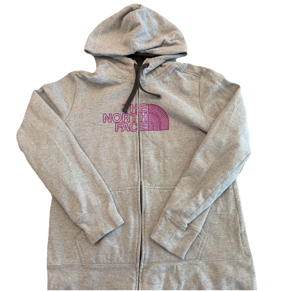 The North Face Full Zip Hoodie Womens Large Gray Pink Embroidered Jacket Pockets